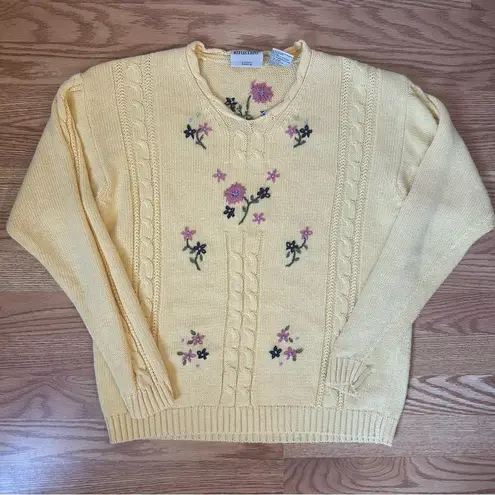 Northern Reflections Vintage Yellow Floral Embroidered Cable Knit V-Neck Sweater