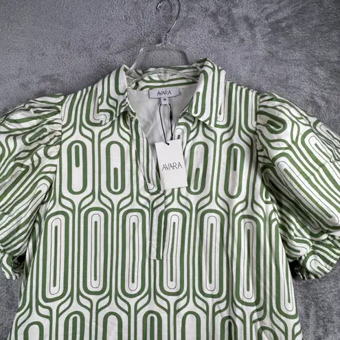 Avara Emmaline Dress Medium Green White Puff Sleeve Geometric Mod Retro Boho