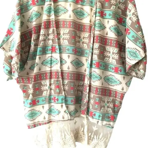 Mauve Cardigan Aztec Lace Top Classic Short Sleeve Cotton Multicolor Small S