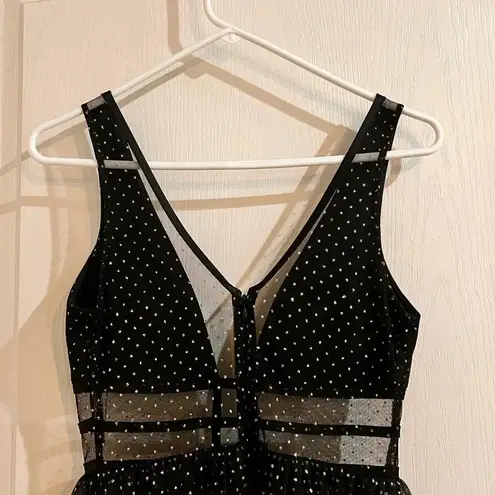 Blondie Nites Gold Polka Dot Black Sheer Mesh Plunging Dress