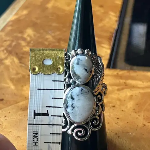 Artistic White Buffalo Sterling Silver Feather Ring Size 6.75 Black