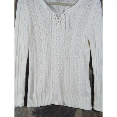 Studio Works Sweater Woman's Medium White Cable Knit Lace Up Neck Minimalist