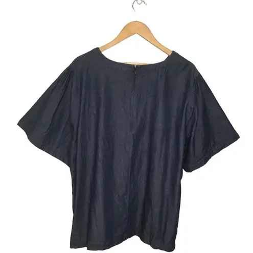 Eloquii Round Tie Neck Flutter Sleeve Dark Chambray Denim Blue 24