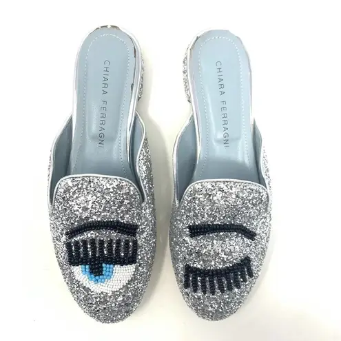 Chiara Ferragni Flirting Silver Glitter Beaded Flat Mules Size 36 / US 6