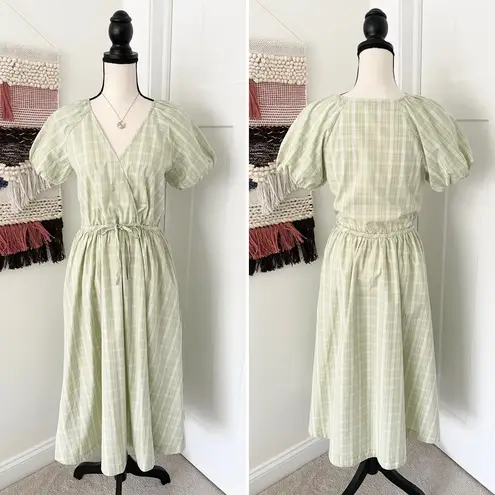 Madewell  Short Sleeve Plaid Tie-Waist Midi Dress Green/White Size XS NWT