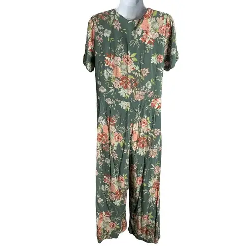 Xhilaration  Cropped High Rise Jumpsuit L Green Floral V Neck Button Short Sleeve