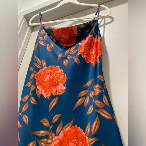 Cantonwalker Navy & Red Floral Cowl Neck Sleeveless Satin Slip Mini Dress