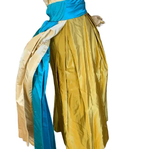 VINTAGE CIRCA 1960 CREAM, GOLD & TURQUOISE STRAPLESS SATIN FORMAL DRESS (XS) Blue