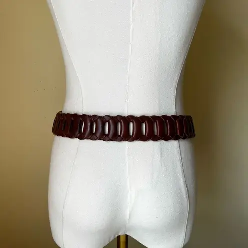 Vintage 90s DKNY Cognac Leather Woven Belt Brass Buckle Small Boho Minimalist Brown Size XS