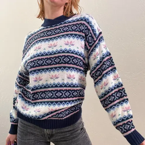 Vintage 1980s/90s Blue Fair Isle Grandmacore Chunky Pullover Sweater Size M