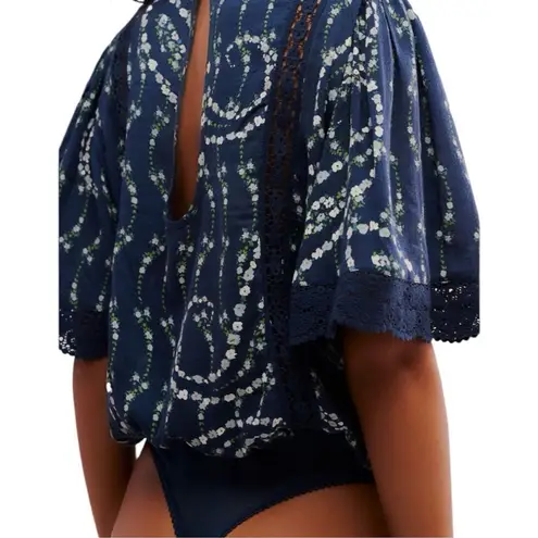 Free People  Bali Tate Mixed Media Crochet Floral Printed Bodysuit Blue Sz S