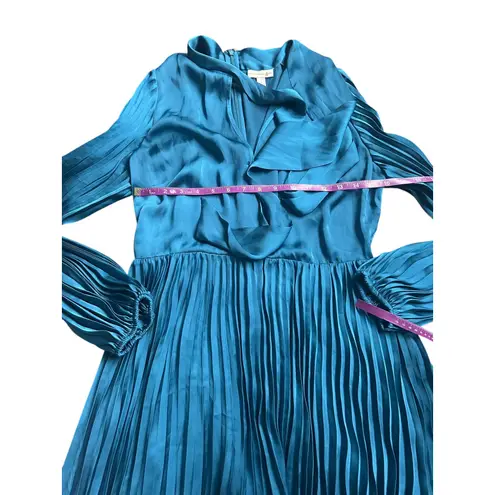 ML Monique Lhuillier Ceramic Blue Satin Bow Neck Pleated Midi Dress Size 8