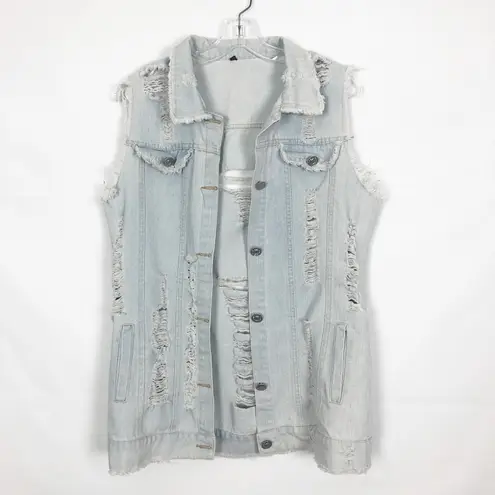 Distressed Denim Vest Womens Medium Long Length Western Cowgirl Rodeo Festival Blue