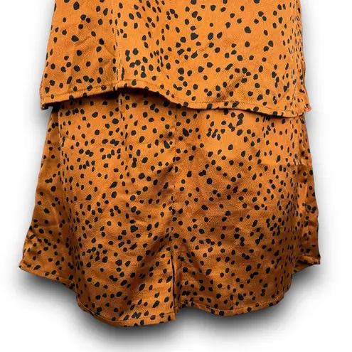 Crescent Silky Satin Pajama Cami Tank Shorts Set Loungewear Orange Black Small