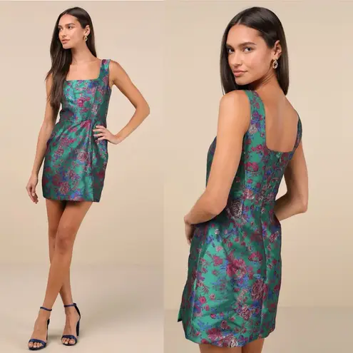 Lulus  Compelling Drama Green Floral Jacquard Lurex Bustier Mini Dress