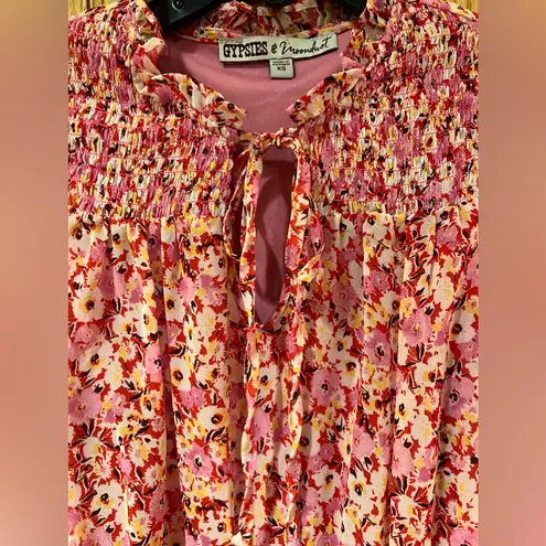 Gypsies & Moondust Pink Floral Smocked Bodice Ruffled Tiered Mini Dress Size XS - Image 6