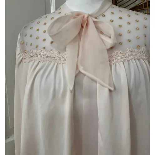 VTG Sheer Pink Coquette Lace Embellished Fairy Babydoll Y2K Bow Open Blouse S/M Size M