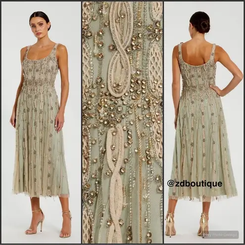 Mac Duggal 10078 Green Embellished Mesh Sleeveless Scoop Neck Midi Dress