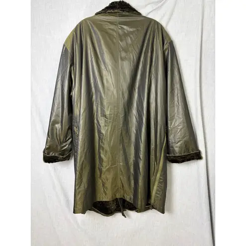 Wille Germany Metallic Olive Cocoon Coat Faux Fur Collar Oversized 16 XL Green