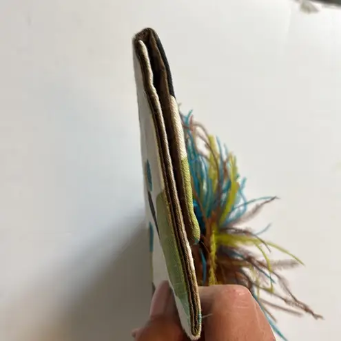 CLUTCH WITH FEATHER EMBELLISHMENT BLUE TAN BROWN GREEN SATIN SILK LINEN?MATERIAL