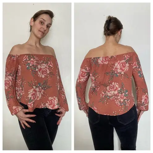 Billabong  Floral Top Peach Boho Festival Rayon Shirt Bohemian Feminine