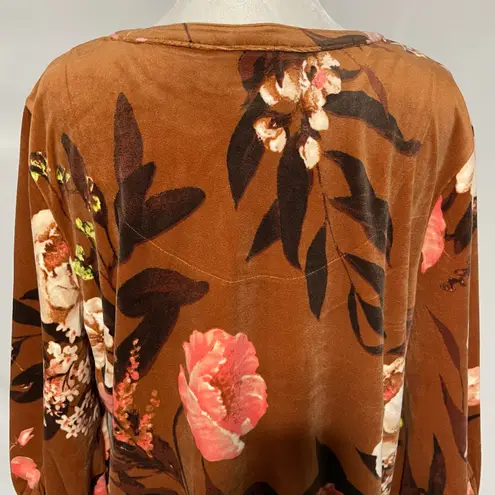 Denim & Co New D & Co Floral Print Velour Split Neck 3/4 Sleeve Top Tan Pink Size Medium