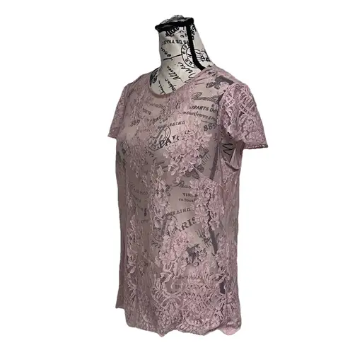 Pink Sheer Mesh Lace Blouse Women’s L Short Sleeve Romantic Coquette Cottegecore Size L