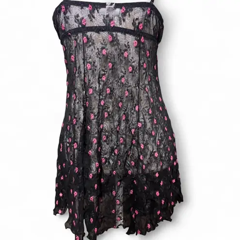 secret treasures Black Mesh Babydoll Slip Dress Women's Large Y2K Rose Embroider
