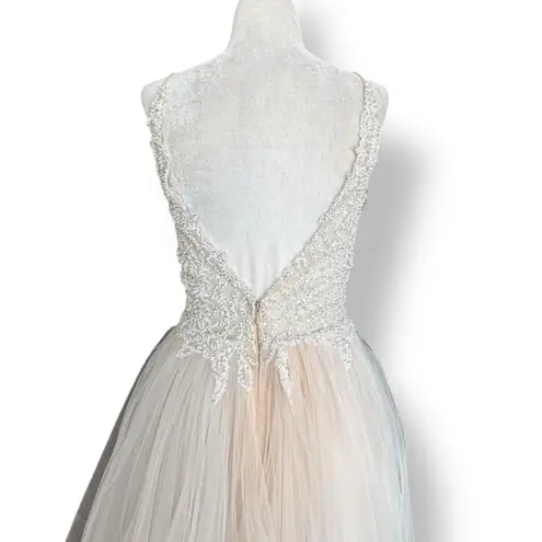 Vienna Prom White Nude Beaded Tulle Ball Gown Plunge Vneck Bridal Prom Dress 4