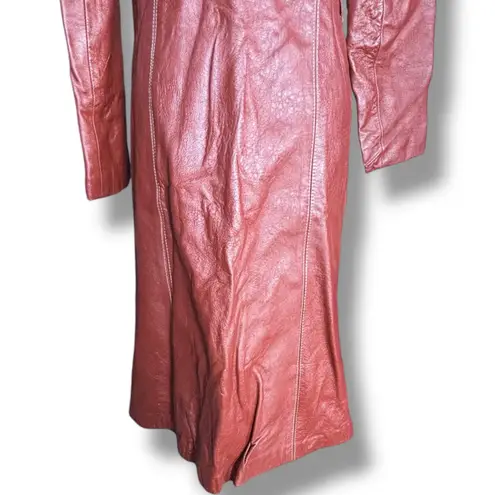 Vintage 70s Burgundy Leather Longline Trench Coat White Whipstitch Western Ranch Red