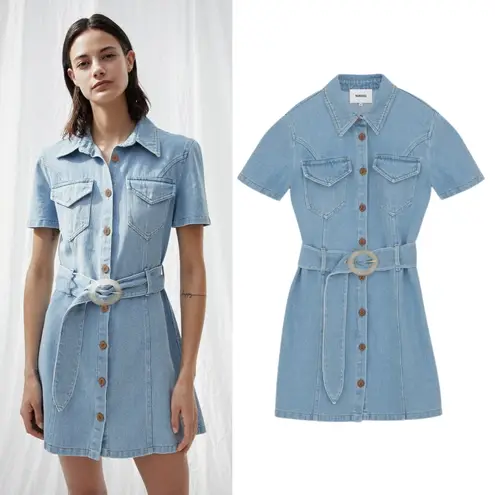 Nanushka Dress Denim Short Sleeve 80s Wash Blue Belted Mini Dress M Size M