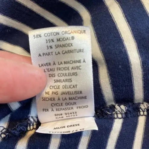 Toad & Co Muse Dress S Midi Stripe Navy Blue White Scrunch Ruche Tie Side V-Neck