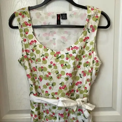 VINTAGE Cherry Print Dress with Sash 100% Cotton Size Small Green