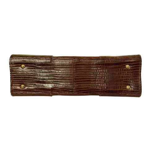 Vintage Genuine Lizard Brown Leather Frame Handbag with Oscar de la Renta Scarf