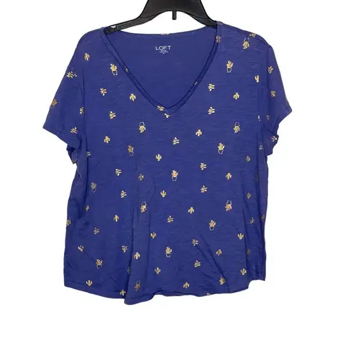 Loft  Women Shirt Metallic Plant Cactus Boxy Fit V-Neck Short Sleeve Tee Blue XL