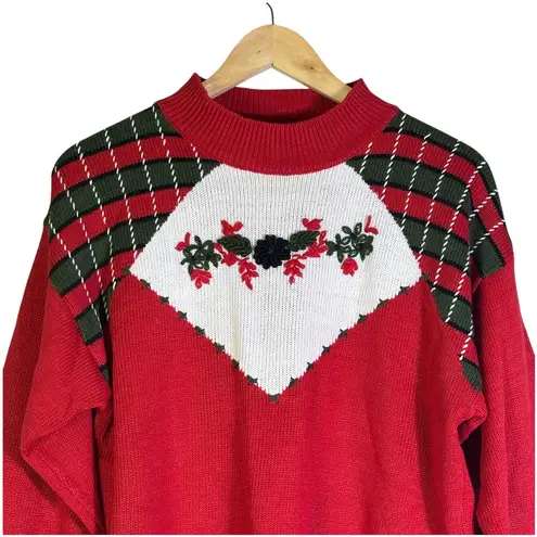 Vintage Koret Petites Sweater Womens L Red Plaid Floral Embroidered Holiday Knit Size L