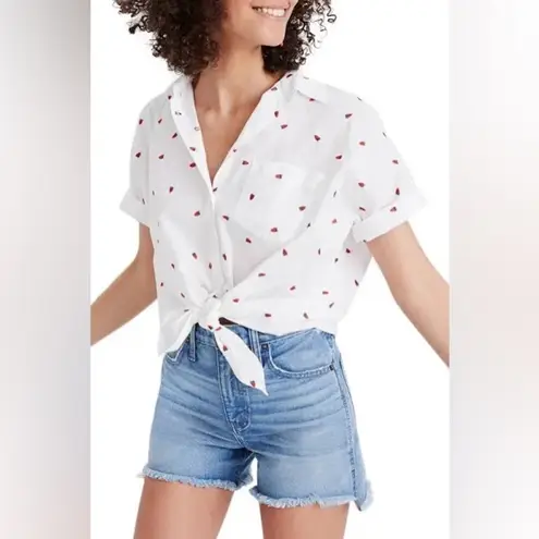 Madewell White Button-Up Shirt Red Strawberries Tie Front Medium‎ Oversized EUC 