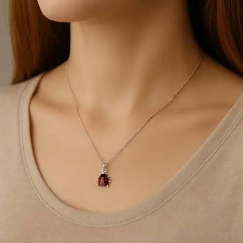 None Sterling Silver Enamel Ladybug Pendant Necklace 925 RO Italy 16” Chain