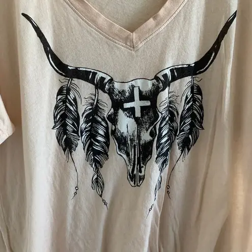 Wildfox  Oversized Longhorn Graphic T-Shirt Tee Texas Western Boho V Neck Small