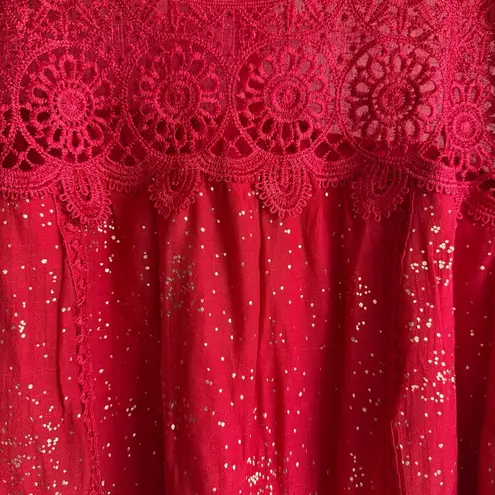 Plus Size 3X Red Metallic Blouse Crochet Yoke Long Sleeve Sparkle Evening Top