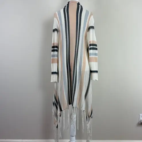 Lovestitch Loose Knot Striped Open Duster Cardigan Fringe Handkerchief Hem Sz M