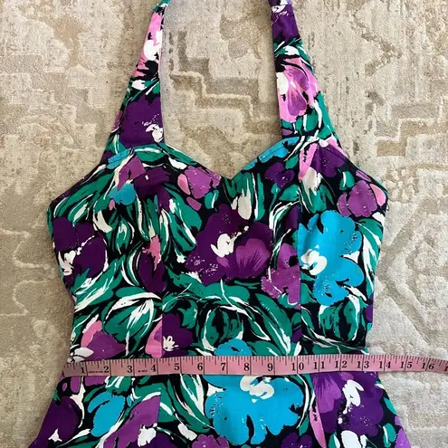Vintage 80s 90s Floral Halter Mini Dress XS