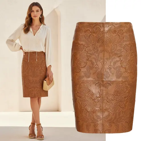 NEW Lauren Ralph Lauren Black Label Tooled Leather Pencil Skirt Sz 10 Brown Luxe