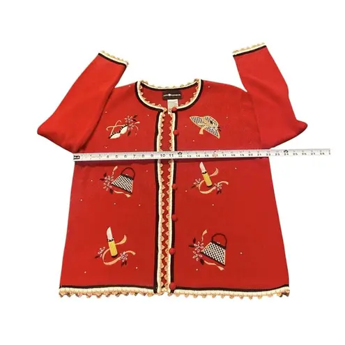 Sag Harbor Vtg  Embroidered Cardigan‎ Medium Red Ramie Feminine Novelty Lipstick