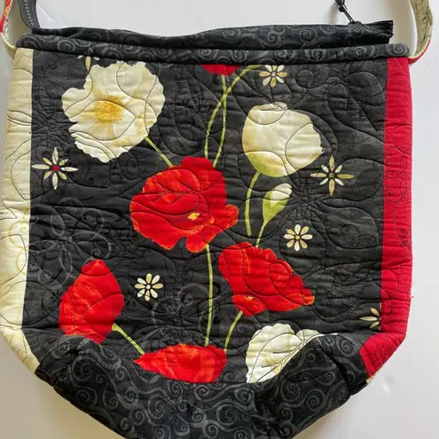 Quilted Floral Poppy Print Shoulder Bag Zipper Closure Handmade Purse Artsy Black