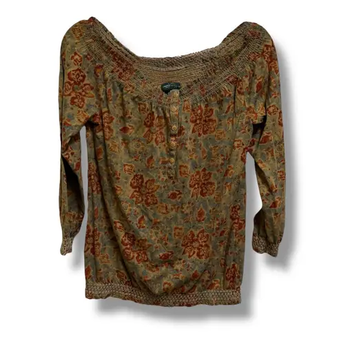 Lauren Jeans Co Ralph Floral Smocked Off Shoulder Long Sleeve Top PM Brown Red Size undefined