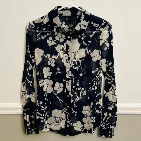 Inc international  Concepts Navy Cream Sheer Floral Long Sleeve Blouse Size Small