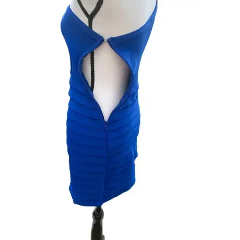 Wow Couture Wow-Couture Blue Body-Con Mini-Dress One-Armed Stretchy Bandage Horizontal Ribbi