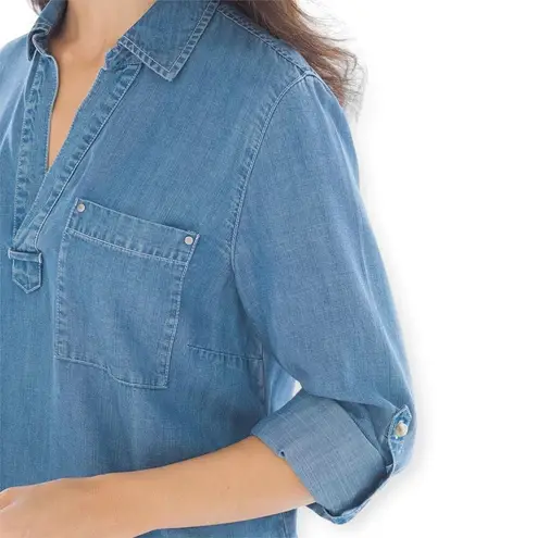 Soma | S | Chambray Popover V-Neck w/ Foldover Collar Roll Tab Sleeve Tunic Top