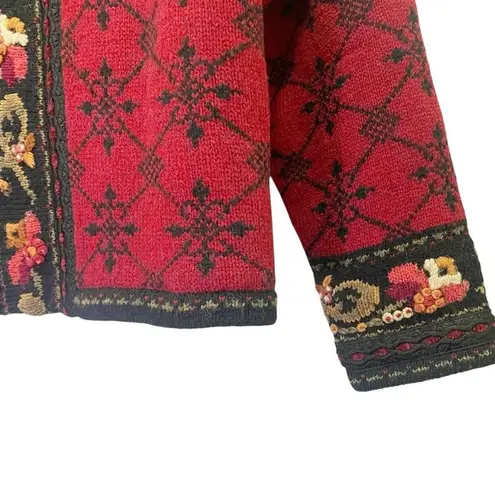 Vintage Icelandic Design Wool Zip Front Cardigan Jacket Red Black Size Medium
